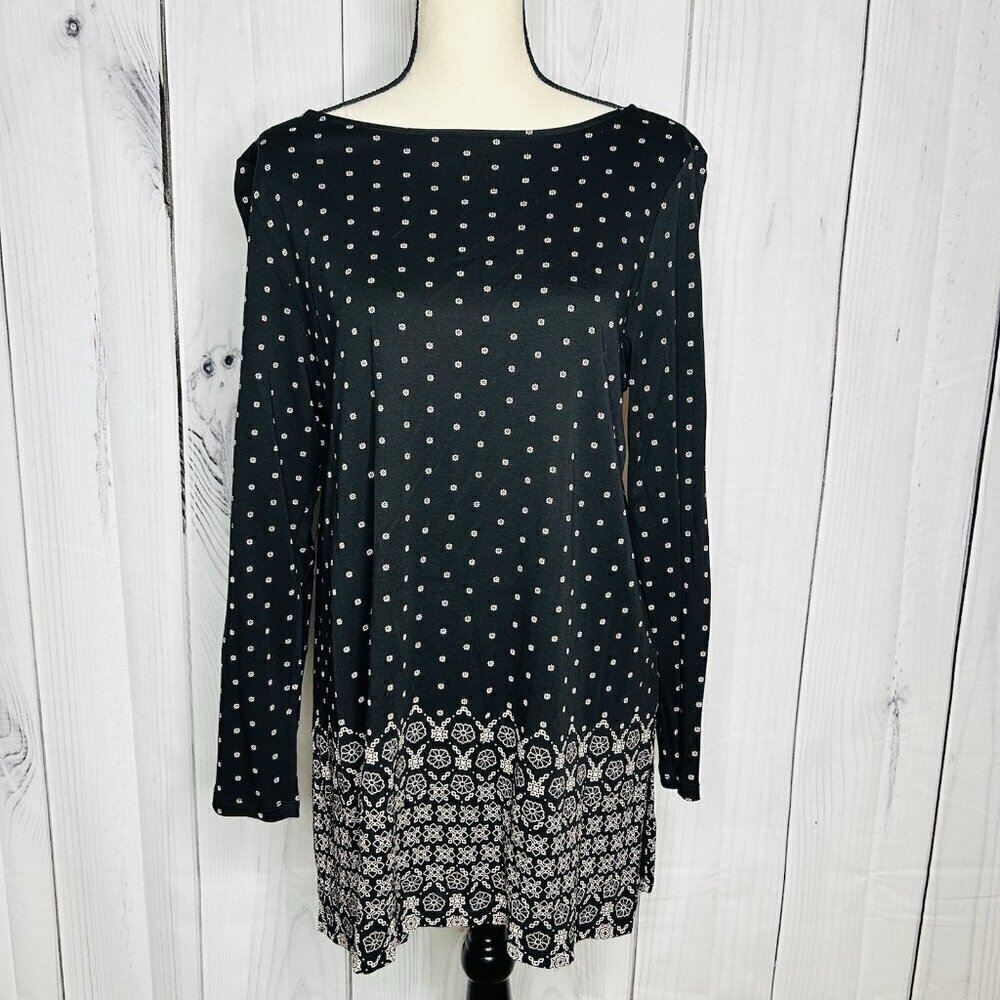 J Jill Tunic Top Womens Sz Large Black Tan Floral Print Long Sleeve Lightweight